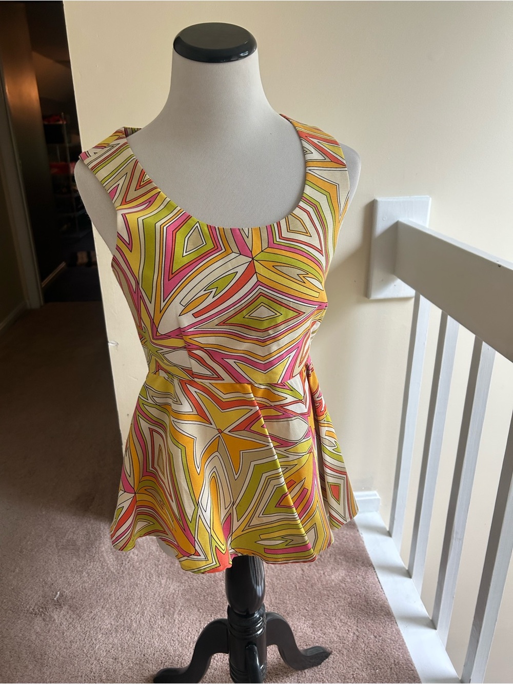 Sleeveless Geometric Print Peplum Top in Yellow and Pink